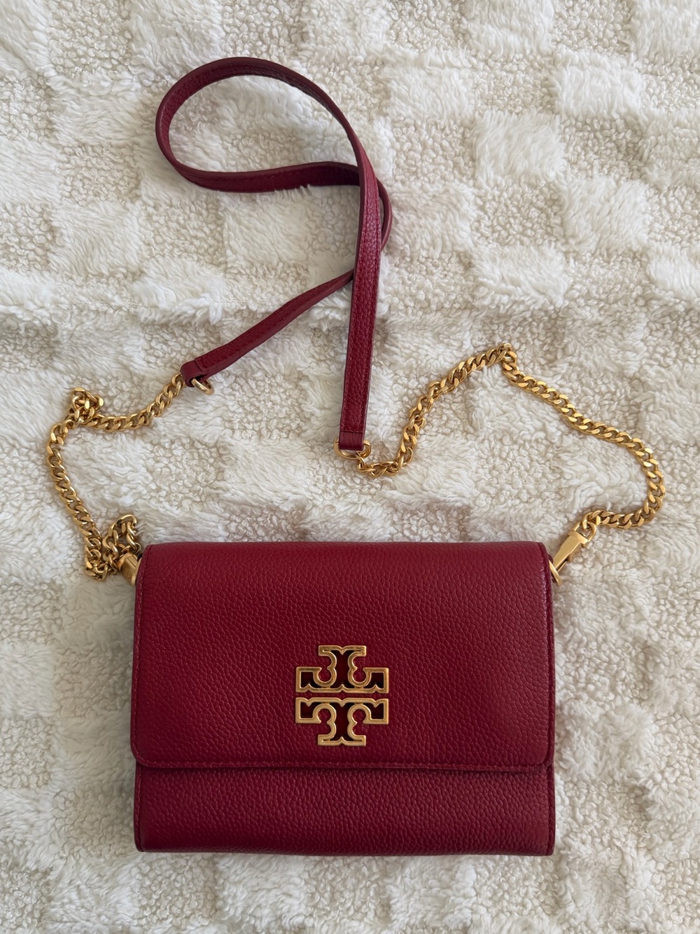 Tory Burch Burgundy Pebbled Leather Crossbody with Gold Logo